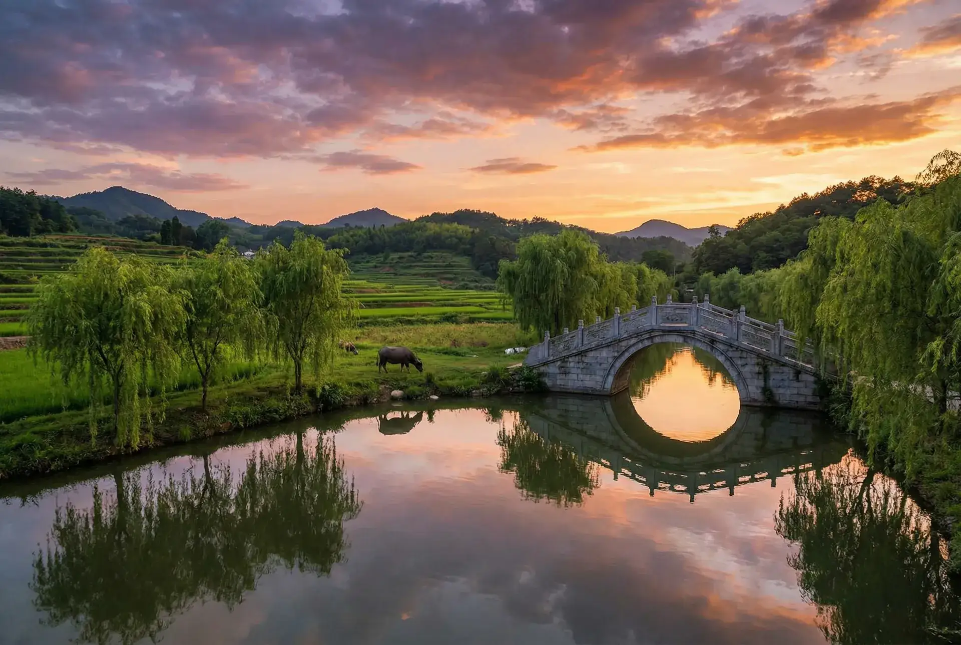 夕阳下的石拱桥与垂柳，水牛在河边吃草 - 被调教跪着打屁股 乡村美景